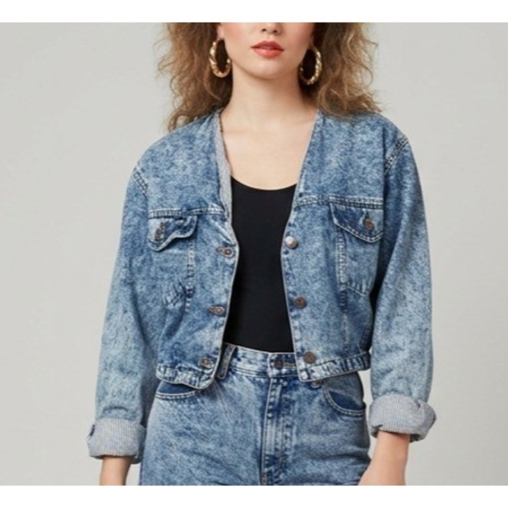Vtg 80s Levis Denim Jacket Womens S Acid Wash Cropped Collarless V Neck Trucker